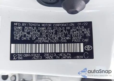 2022 Toyota Corolla Le z USA, uszkodzony, nr VIN JTDEPMAE1N3011596